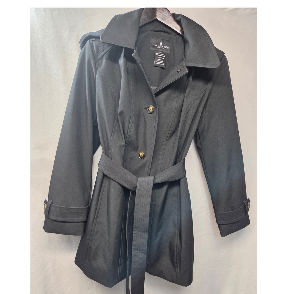 London Fog Trench Coat Womens S Black Excellent Hooded Belted Mid-Length 2020s